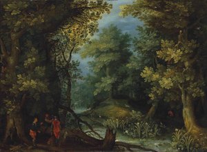 Hunters with Hounds by a Stream in a Wooded Landscape