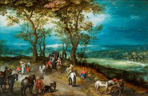 An Extensive Landscape with Horsedrawn Cart and Travellers on a Road