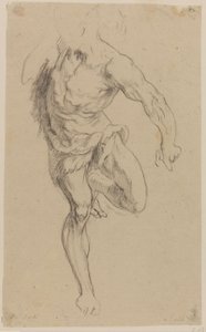 Study of a nude male, standing from the front with drawn up left leg, headless