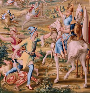 Flemish Tapestry. Series The Conquest of Tunis. The Attack on La Goleta. Fourth Tapestry in the Series. Model Jan Vermeyen and Pieter Coecke van Aelst. 1543-1548. Manufacture Real Fábrica de Tapices de Santa Bárbara, Madrid.