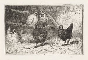 Rooster and Five Hens in a Coop by Jan Gerard Smits