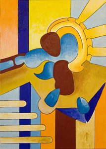 In bright sunlight, the Spirit of the House examines the new Home under Construction, 2007 by Jan Groneberg