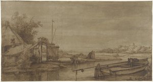 Canal View with Farm and Moored Barge by Jan Hulswit (possibly)