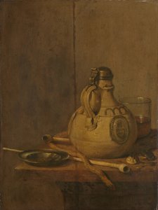 Still Life with Stoneware Jug and Pipes by Jan Jansz. Treck