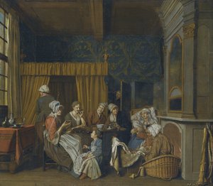 A family taking tea while celebrating the birth of twins