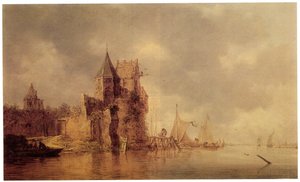 A Medieval Tower on a Castle Rampart with Sailing Ships at a Jetty and a Rowing Boat in the Foreground by Jan Josephsz van Goyen