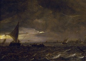 Fishing boats in an estuary at dusk, with a view of a city and its bell tower on the horizon by Jan Josephsz van Goyen