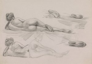Sketch Sheet with Studies of a Naked Woman with Hair Up