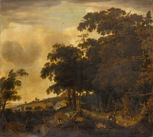 A Wooded Landscape with Woodcutters by Jan Looten