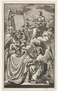 Allegorical Female Figure Writing on a Panel in the Clouds