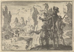 Armed Spaniards Looking Down from Rocks at Wild People, ca. 1600