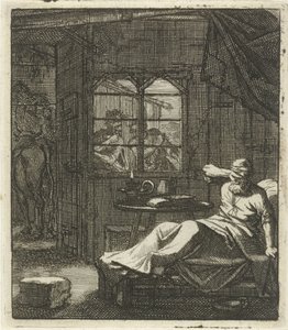 Man Spots Two Thieves Preparing to Steal a Cow Through the Window by Jan Luyken
