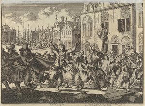 Riot in Enkhuizen where the houses of vice-admirals Kwast and Turk are destroyed, 1635 by Jan Luyken