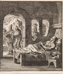 Sick Man Lying Alone in Bed While Two Men Walk by Outside by Jan Luyken