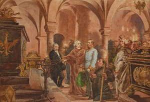 Emperor before the Sarcophagus of King John III Sobieski in the Crypt of St. Leonard in Wawel Cathedral