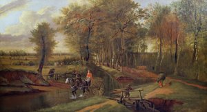 A Wooded River Landscape with Figures, Horse and Cart, 1692