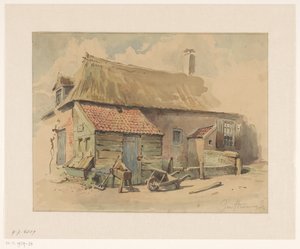 Peasant House with Wooden Extension, with a Wheelbarrow and a Grindstone in Front by Jan Striening