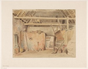 Interior of a barn with view into the kitchen by Jan Striening