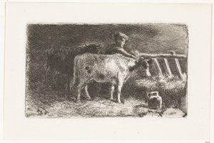 Farmer Between Two Cows by a Trough in a Stable (Small Variant)