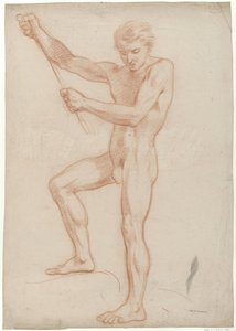 Standing Male Nude Holding a Stick with Raised Arms by Jan Willem Pieneman