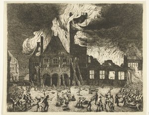 The old Townhall of Amsterdam on fire by Jan de Baen