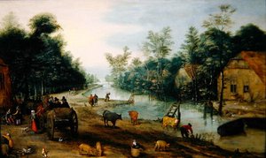 A Wooded River Landscape in Summer with Travellers Arriving at an Inn by Jan the Elder (circle of) Brueghel