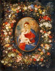 The Virgin, the Child Jesus and angels amidst a garland of flowers. Medallion Rubens by Jan the Elder Brueghel