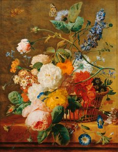 Basket of Flowers with Pedestal against a Park Background by Jan van (follower of) Huysum