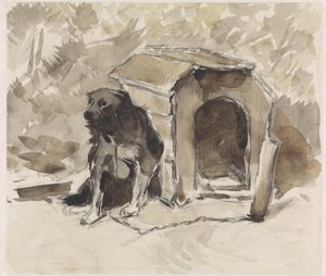 Dog, Leashed Sitting in Front of Its Kennel