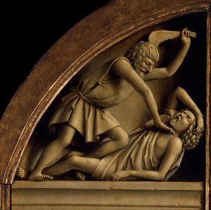 The Ghent Altarpiece. Adoration of the Mystic Lamb: Cain Kills Abel by Jan van Eyck