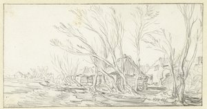 Landscape with Crooked Bare Trees in Front of Farms