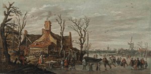 Winter Landscape with Figures on the Ice near a Cottage by Jan van Goyen