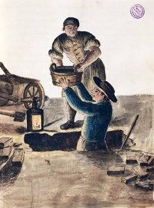 Cleaning public sewer, illustration from Illustrated book of Venetian costumes by Jan van Grevenbroeck
