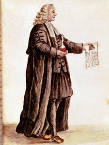 The apothecary holding in his hands a small vial and a prescription. Drawing in watercolour and ink from a manuscript by Jan van Grevenbroeck (1731-1807) by Jan van Grevenbroeck