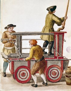 Use of a water pump or hydraulic pump. Watercolour drawing and ink from a manuscript by Jan van Grevenbroeck (1731-1807) by Jan van Grevenbroeck