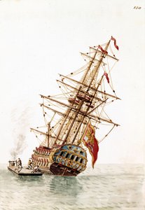 Venetian Ship Shot Down in the Hull to be Repaired. Watercolour Drawing and Ink from the Manuscript “Customs of the Venetians” by Jan van Grevenbroeck by Jan van Grevenbroeck