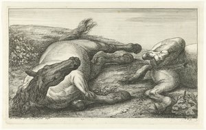Two Fallen Horses, the Left One Seen from the Front (series title: Fallen Horses) by Jan van Huchtenburg