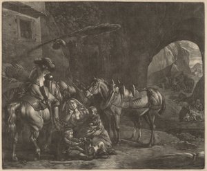 Mother with Two Children and a Horse in Front of an Inn by Jan van Huchtenburgh