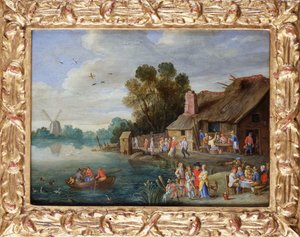 A River Landscape with Gentry at a Village Inn by Jan van Kessel