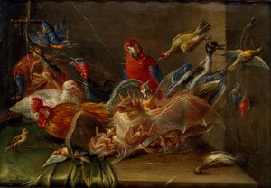 Decorative Still-Life Composition with Birds and Two Bats