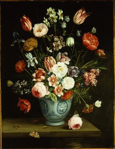 Flowers in a Blue and White Porcelain Vase, with Moths and Other Insects on a Ledge
