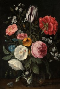 Roses, a Tulip, a Peony, a Cherry Blossom and a Centaurium in a Glass Vase on a Ledge by Jan van Kessel the Elder