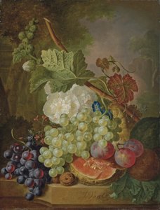 Flowers, Grapes, Plums, Walnuts and a Melon on a Stone Ledge by Jan van Os