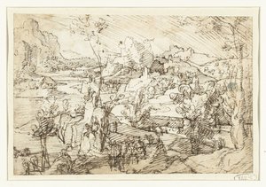 Landscape with Rocks, Figures and a Sailing Ship by Jan van Scorel (attributed to)