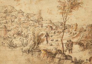 Landscape with Shepherds by a River and a Town Beyond; Figure Studies and Roman Ruins by Jan van Scorel