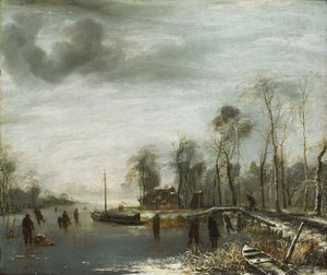 A Winter Landscape with Skaters and Colf Players on a frozen Waterway