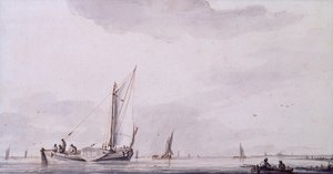 Fishermen and Sailing Boats on an Estuary in a Calm by Jan van de Capelle or Cappelle