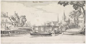 Boats at a Jetty in a Village Pleasant Landscapes and Amusing Views (series title) by Jan van de Velde (II)