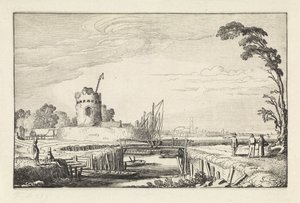 Figures by a Harbor and a Tower (series title: Landscapes, Amenissimae aliquot requculae) by Jan van de Velde (II)