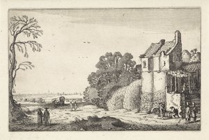 Figures by a House and Covered Wagons on a Country Road